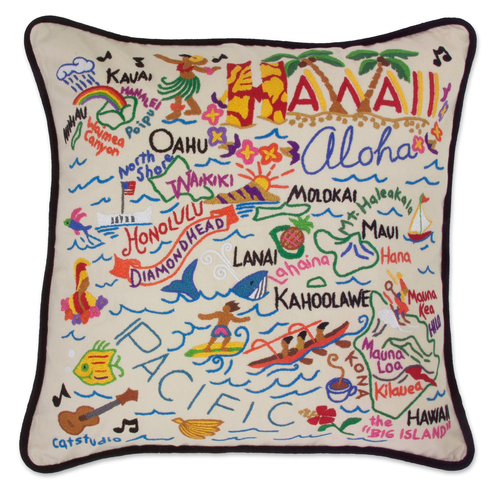 Hawaii Hand-Embroidered Pillow, from Catstudio