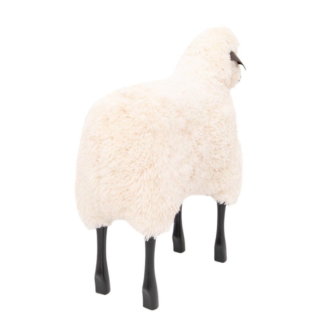 Life Sized Sheep in White Fur and Black Wood