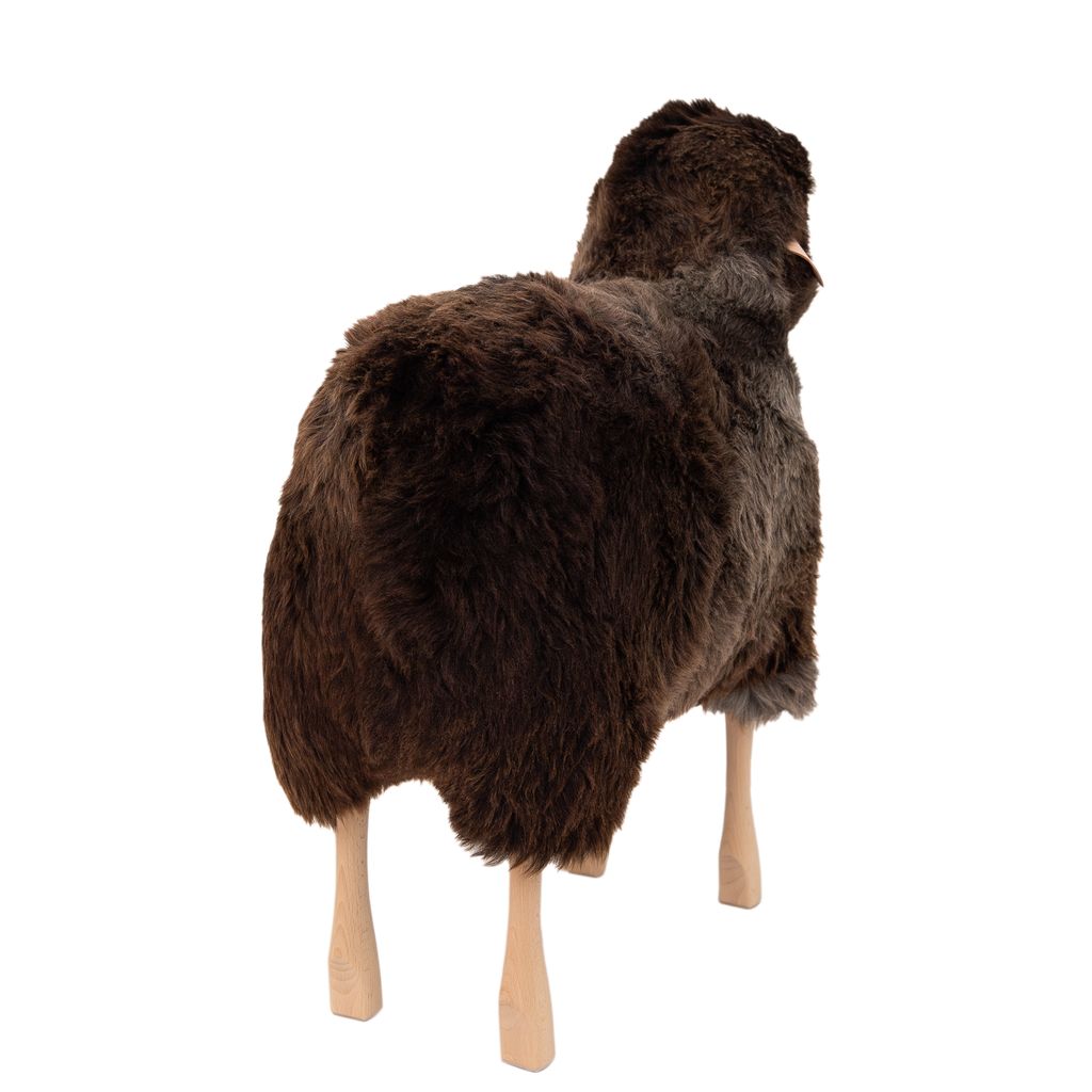 Large Sheep Stool in Brown Grey Fur and Beech Wood