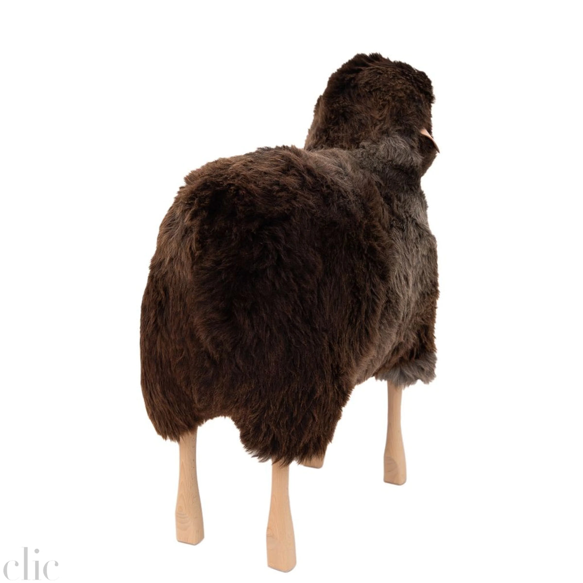 Large Sheep Stool in Brown Grey Fur and Beech Wood