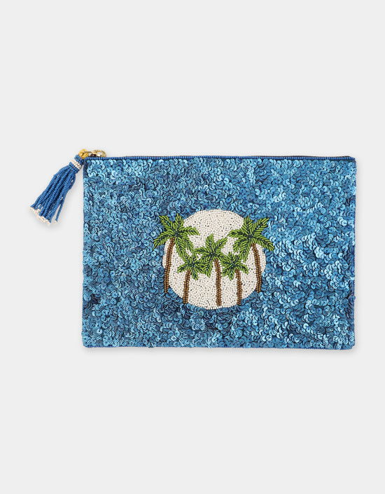 Palm Trees Sequins Pouch in Blue, from Olivia Dar