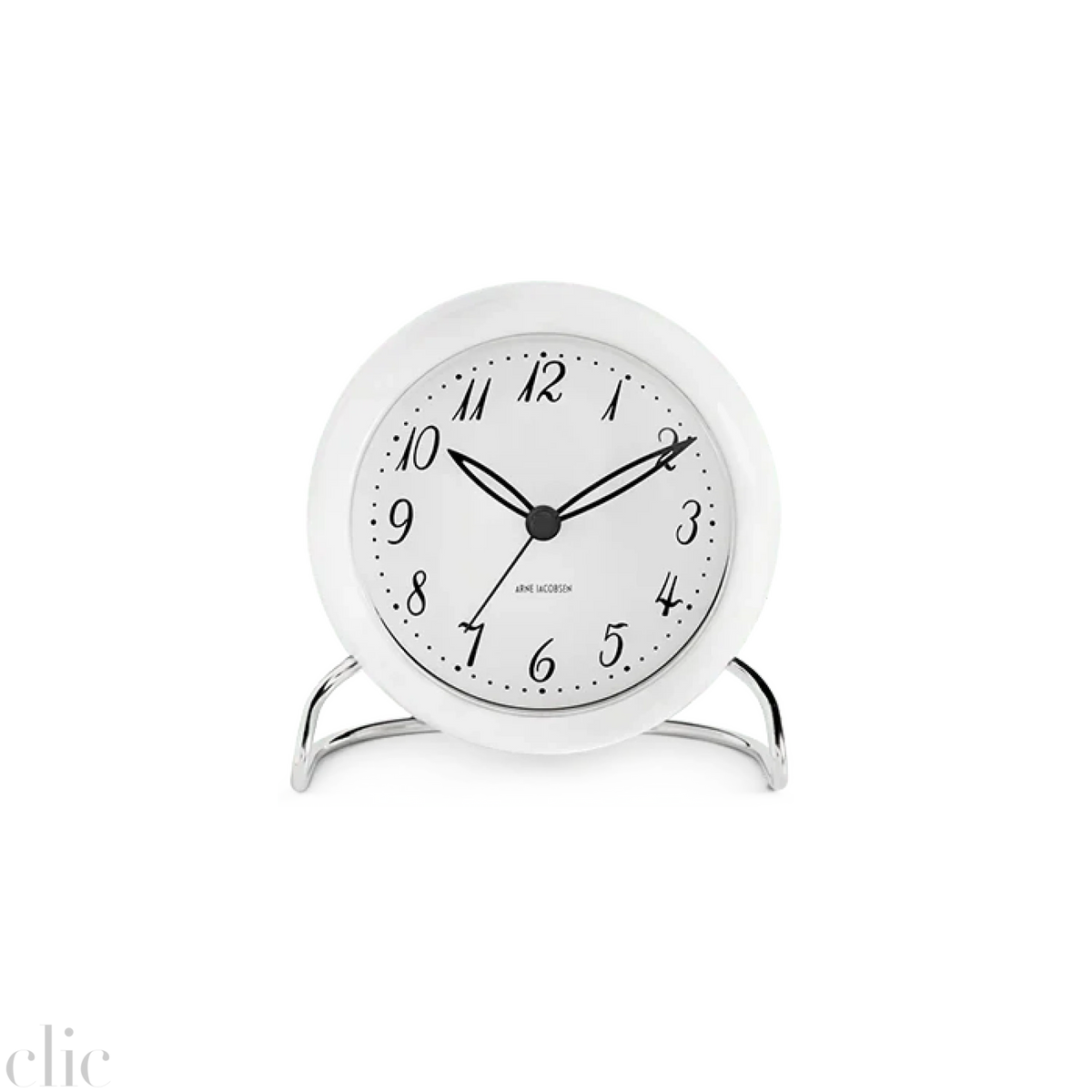 LK Table Clock in White, from Arne Jacobsen