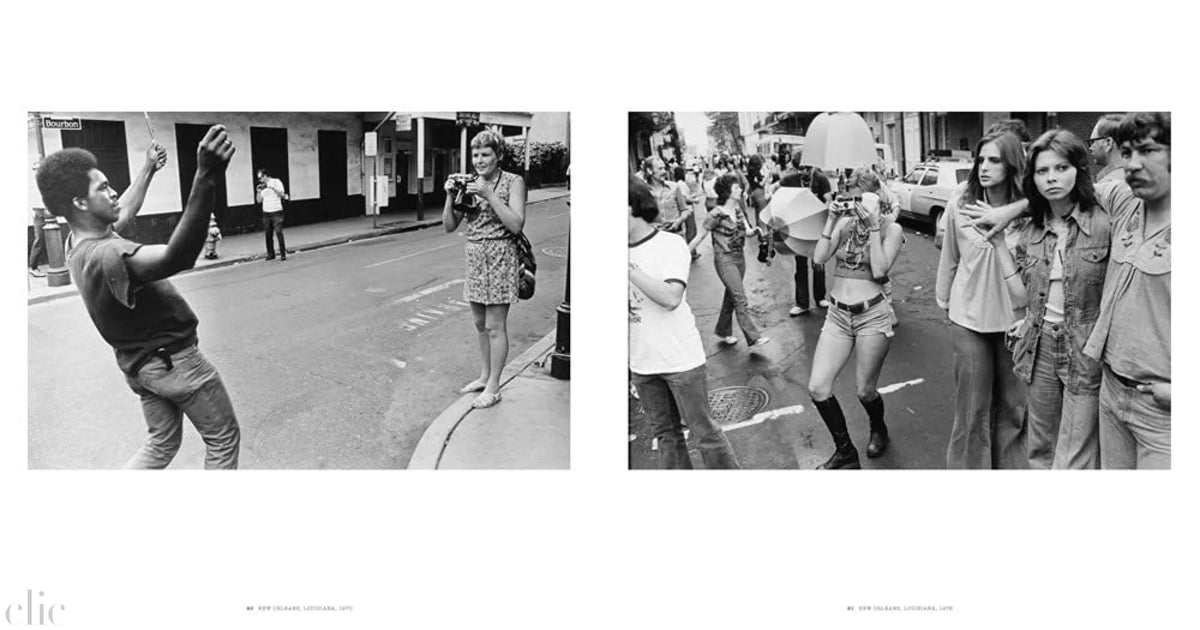 Black and white split-image of a person taking a photo and a group of people on a street.