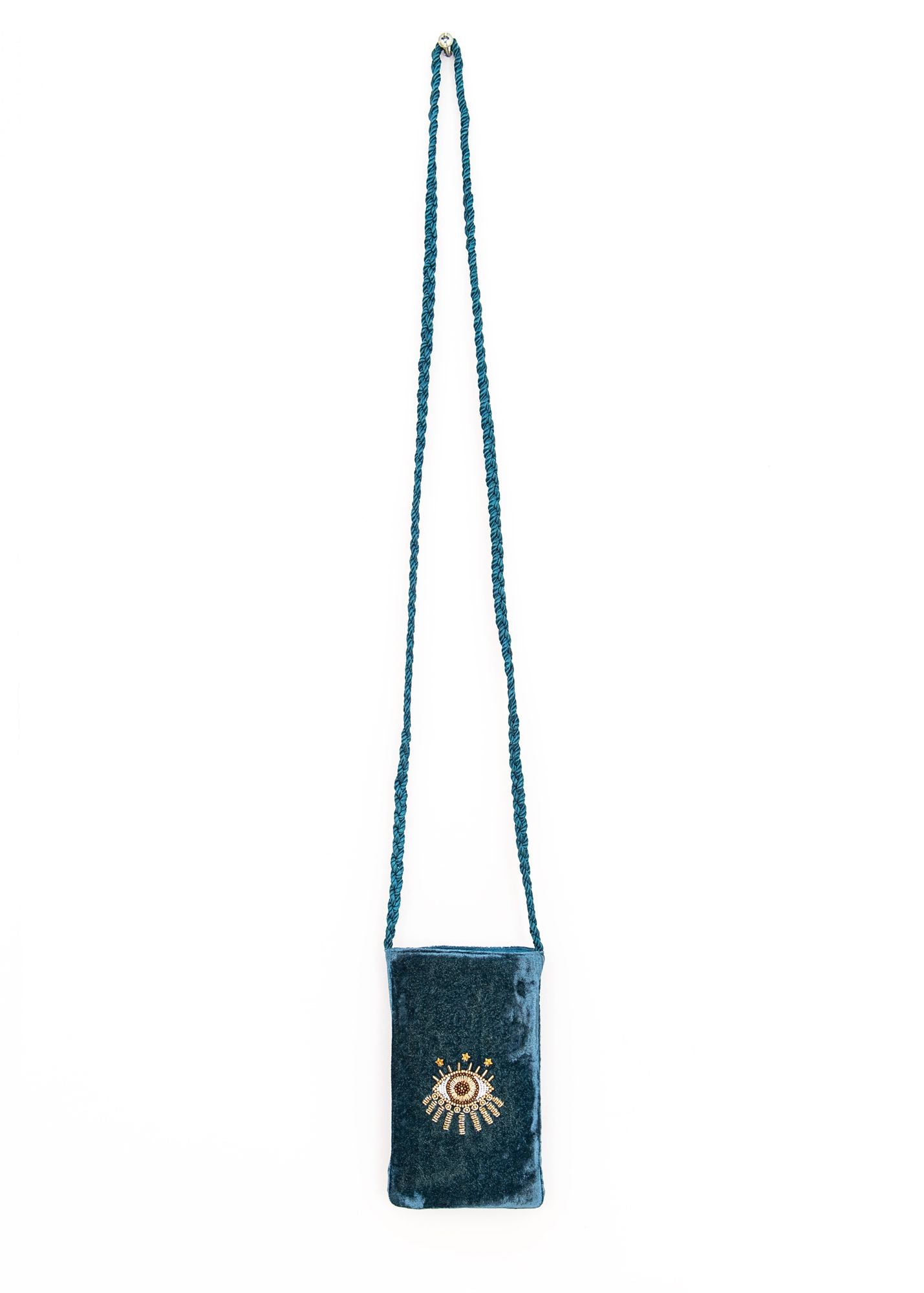 Nazar Eye Velvet Phone Bag in Denim, from Olivia Dar