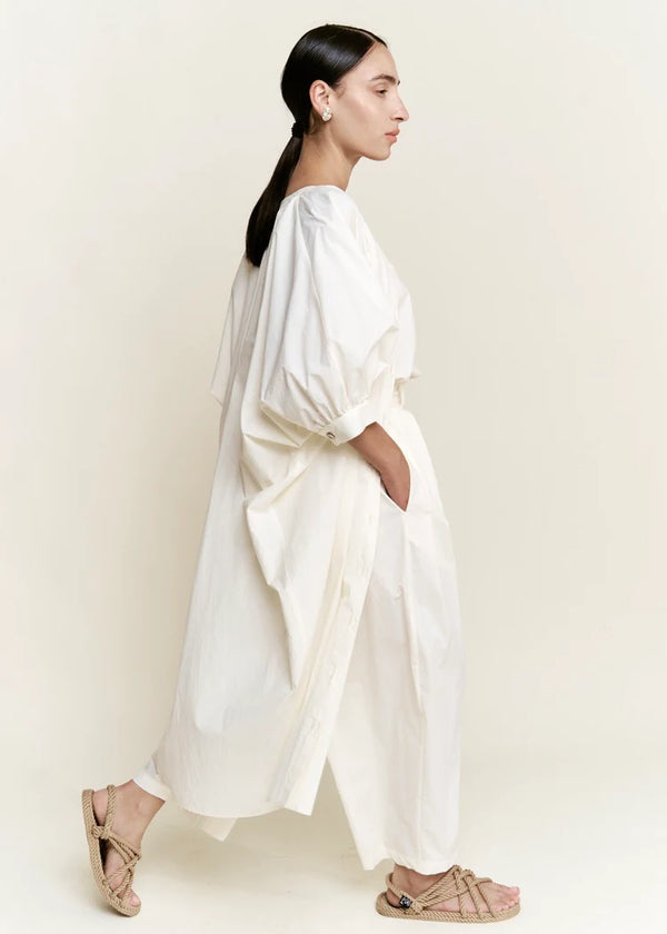 Button Front Kaftan in Papyrus Parchment Poplin, from Modern Weaving
