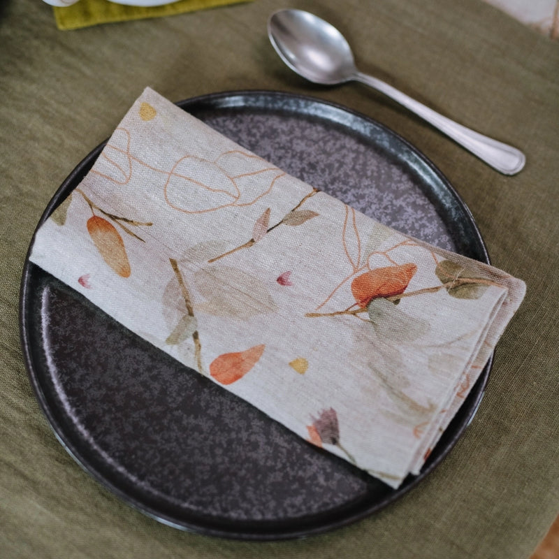 Leaves On Natural Linen Napkins Set of 2, from Linen Tales