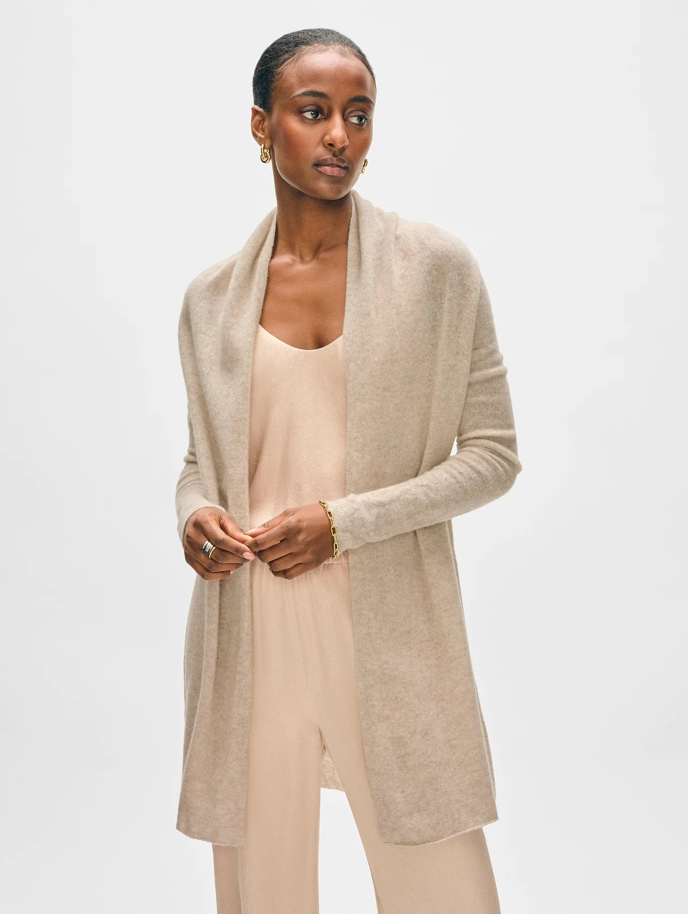 Cashmere Trapeze Cardigan in Taupe Heather, from White & Warren