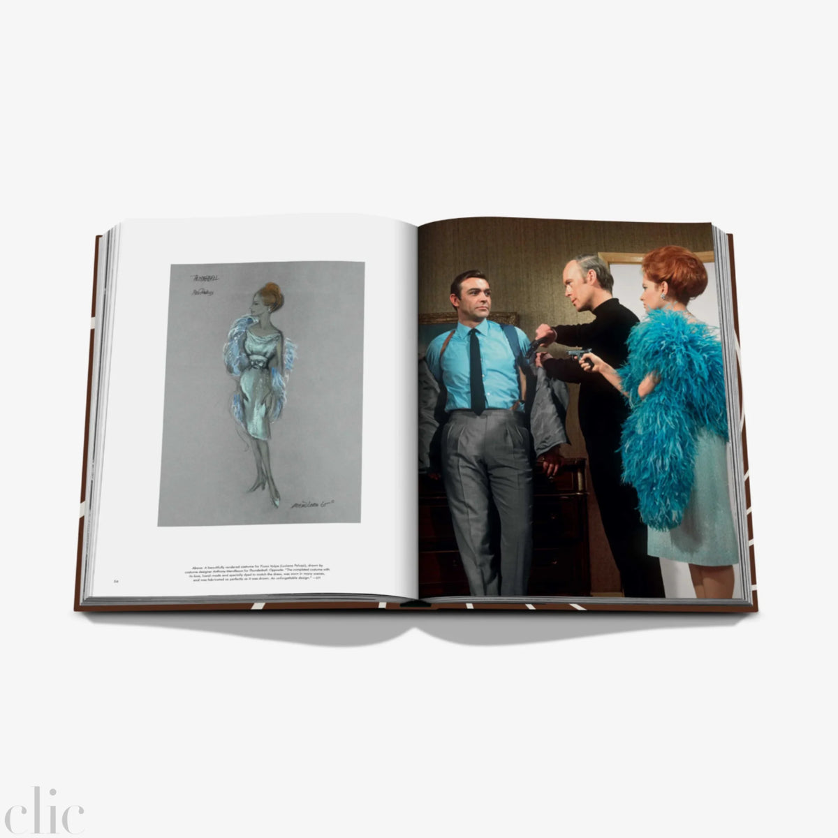 Open book showing a scene with people and a costume design on a white background