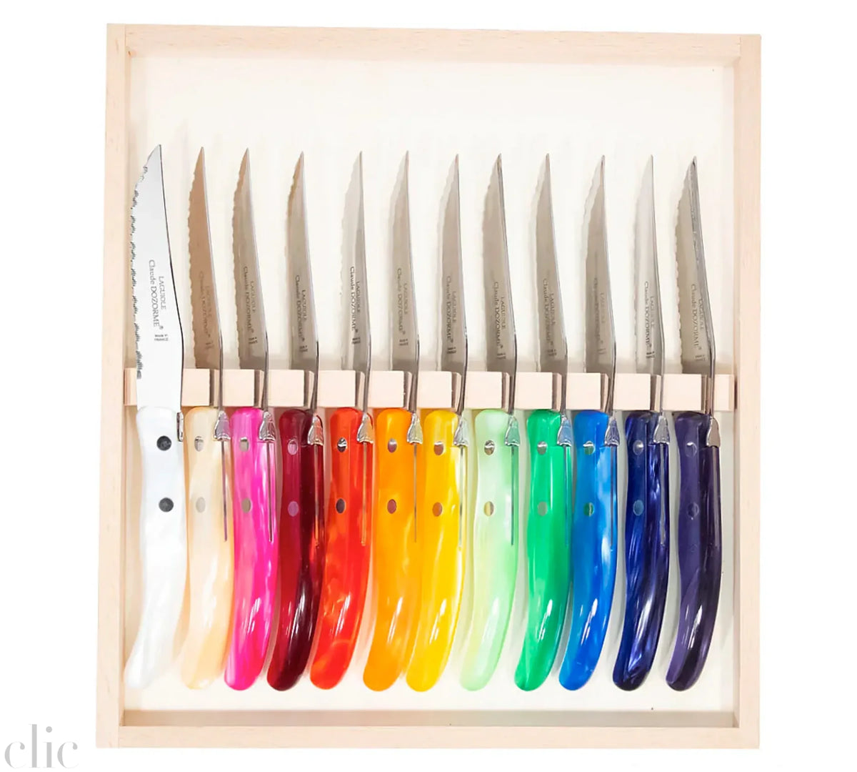 Berlingot Box of 12 Steak Knives in Rainbow, from Claude Dozorme