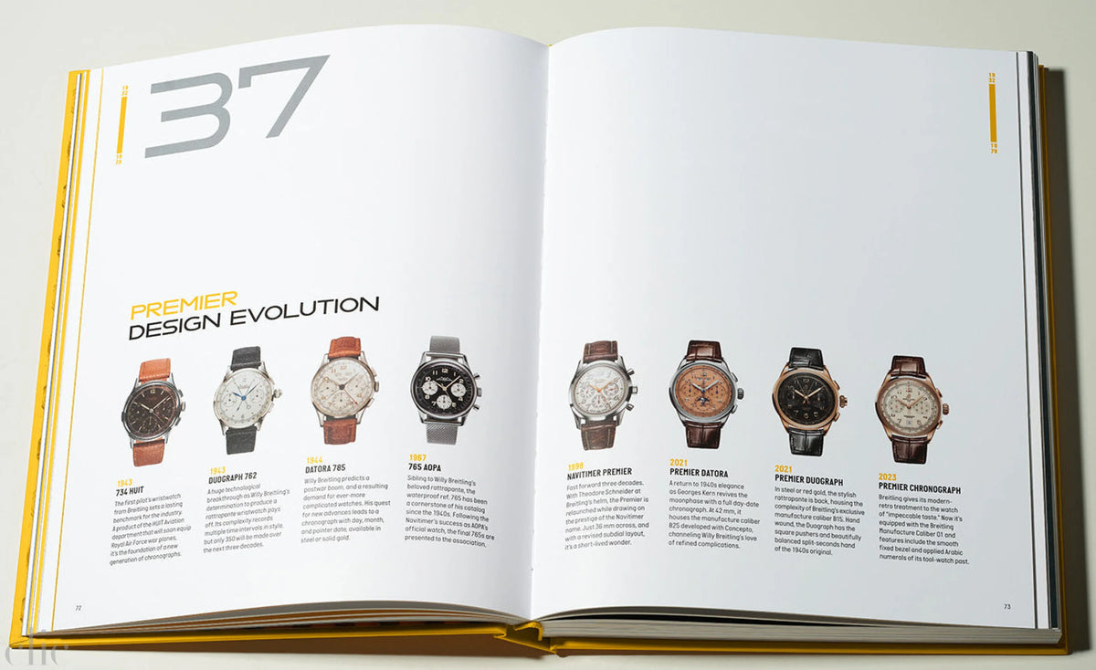 Open book showing a page with watch designs and text on a white background