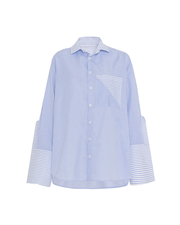 Echo Side Button Boyfriend Stripe Shirt in Sky Blue, from Theo the Label