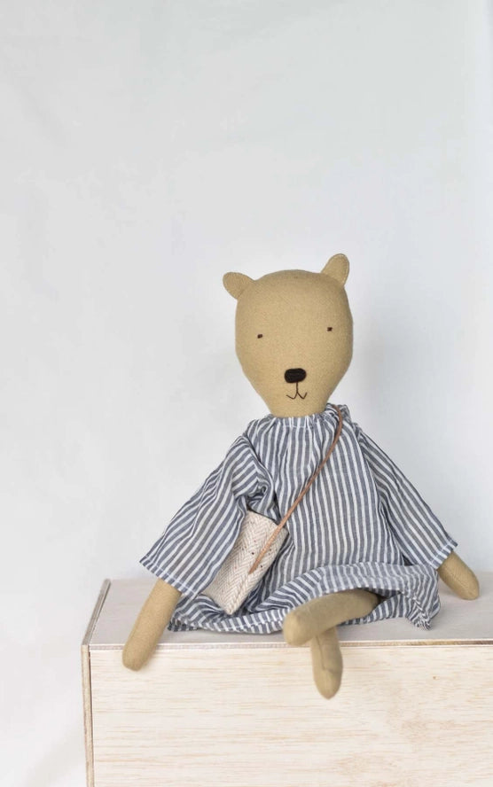 Agatha The Bear Doll in Breezy Stripe Day Dress, from Woolgrass Farm