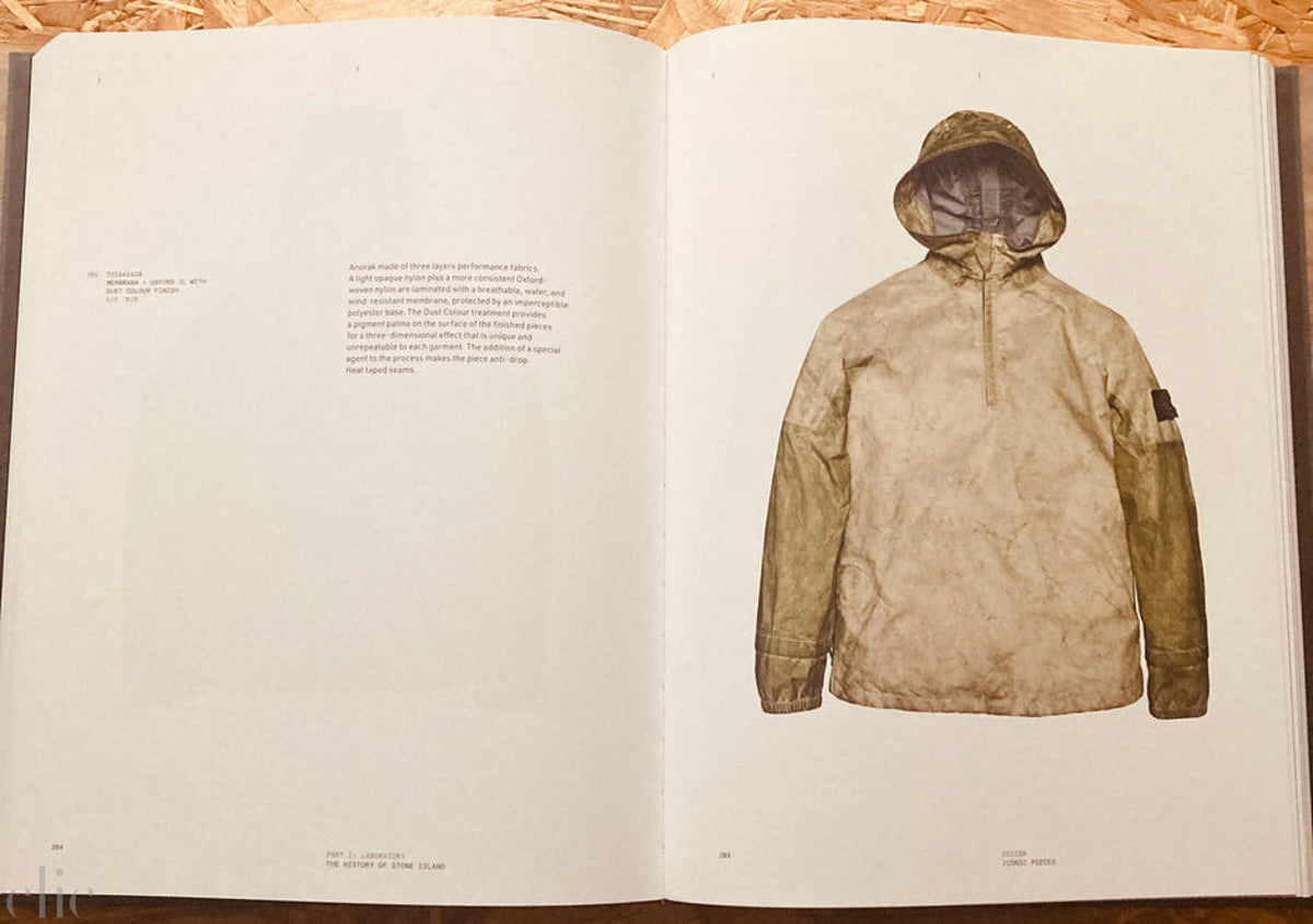 Open book showing a beige jacket on a wooden surface