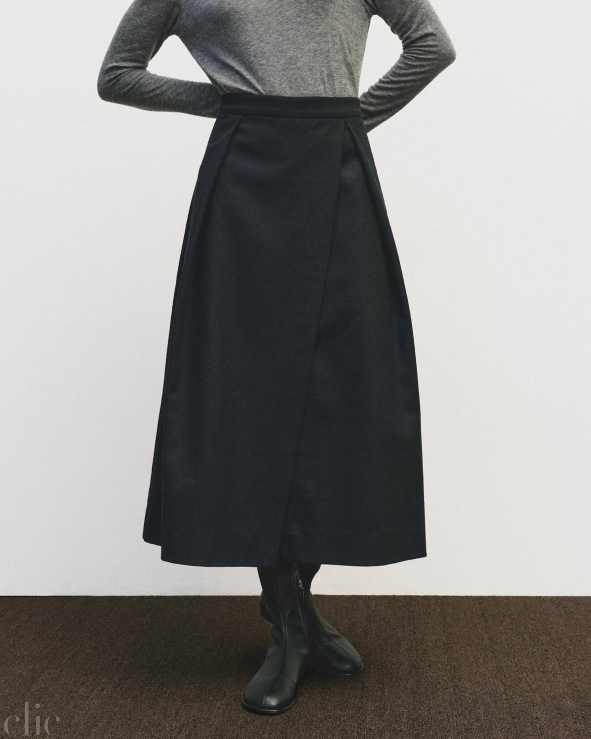 Wool Blend Pleated Midi Skirt in Navy, from Mijeong Park