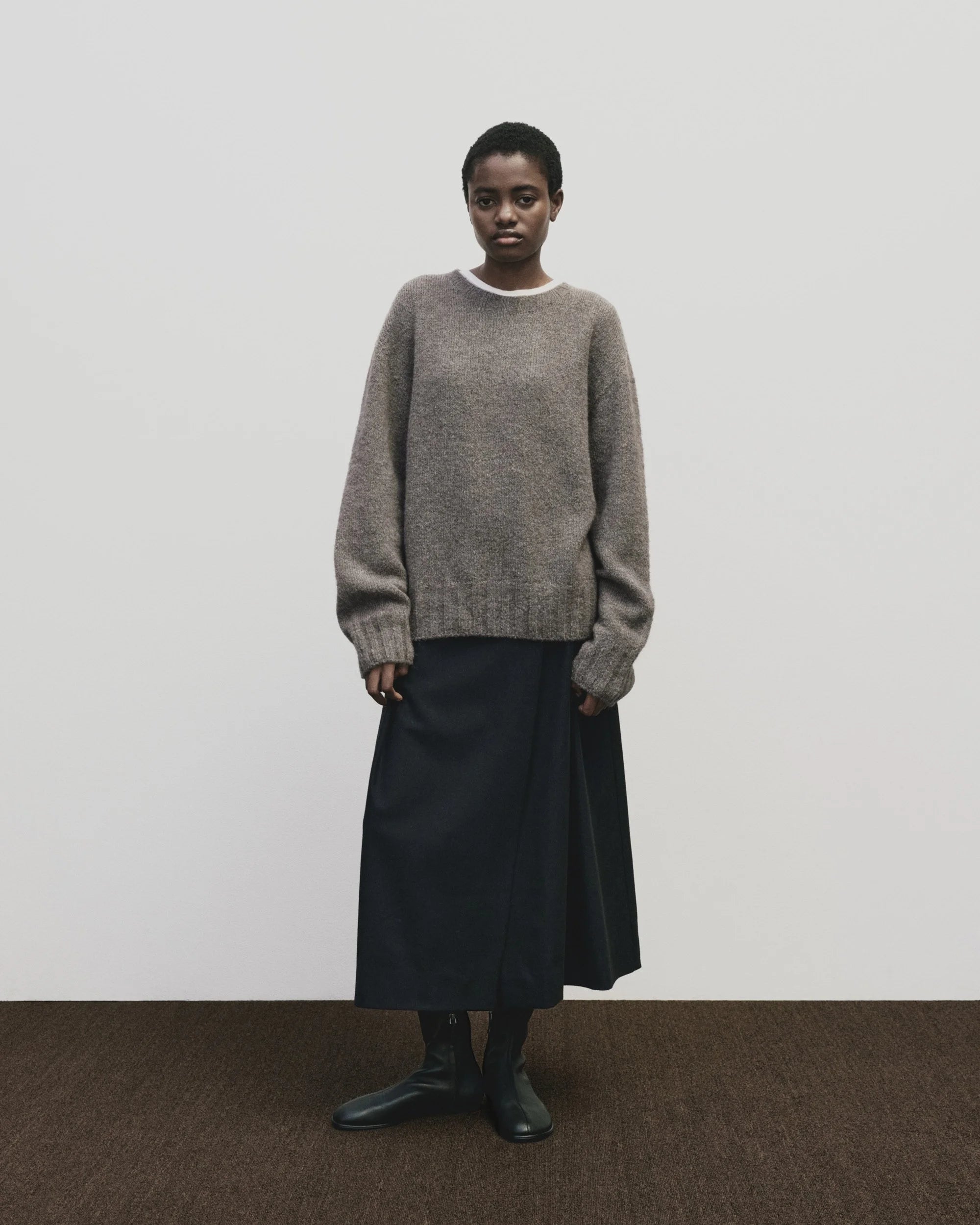 Wool Blend Pleated Midi Skirt in Navy, from Mijeong Park