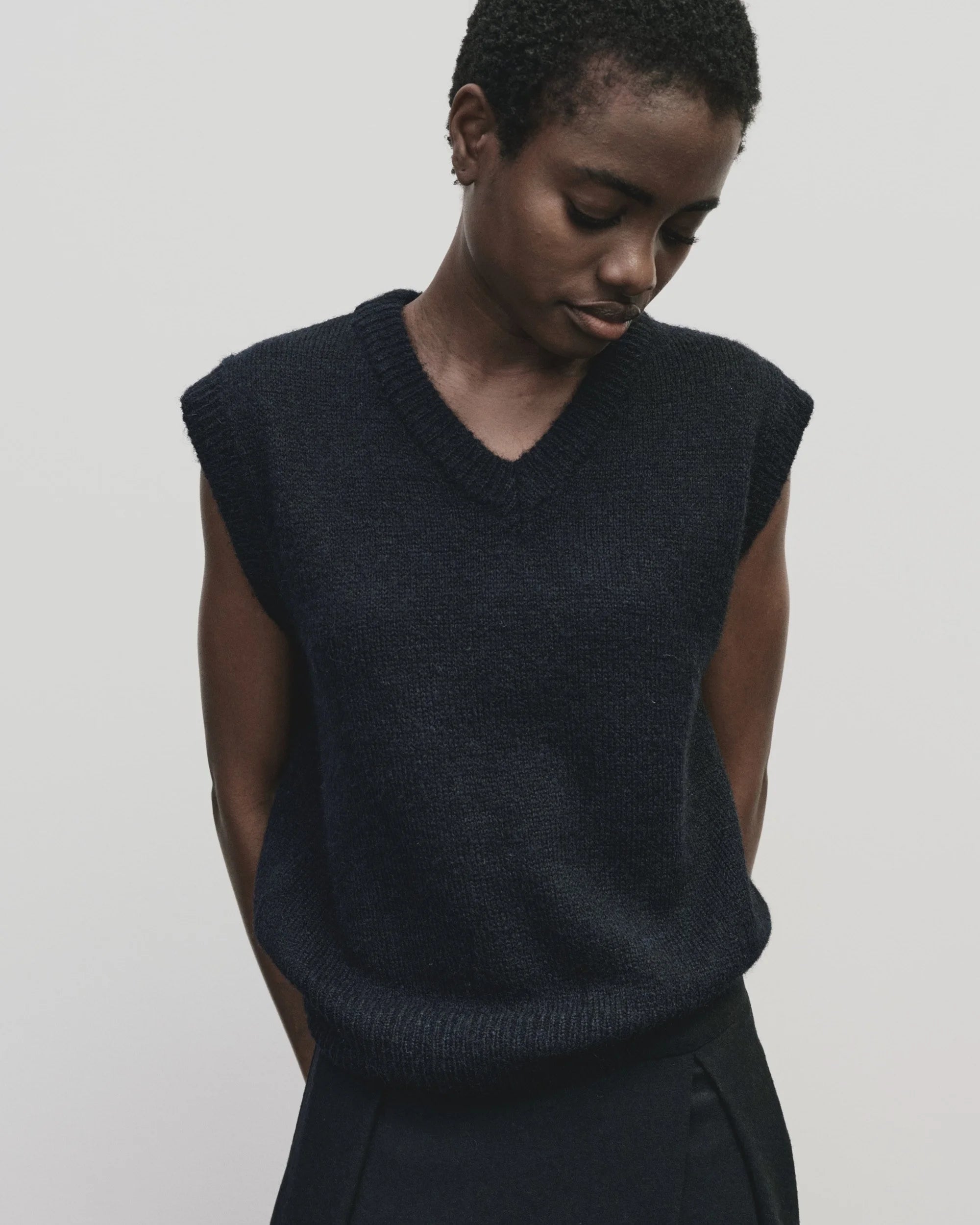Wool Blend V Neck Vest in Navy, from Mijeong Park