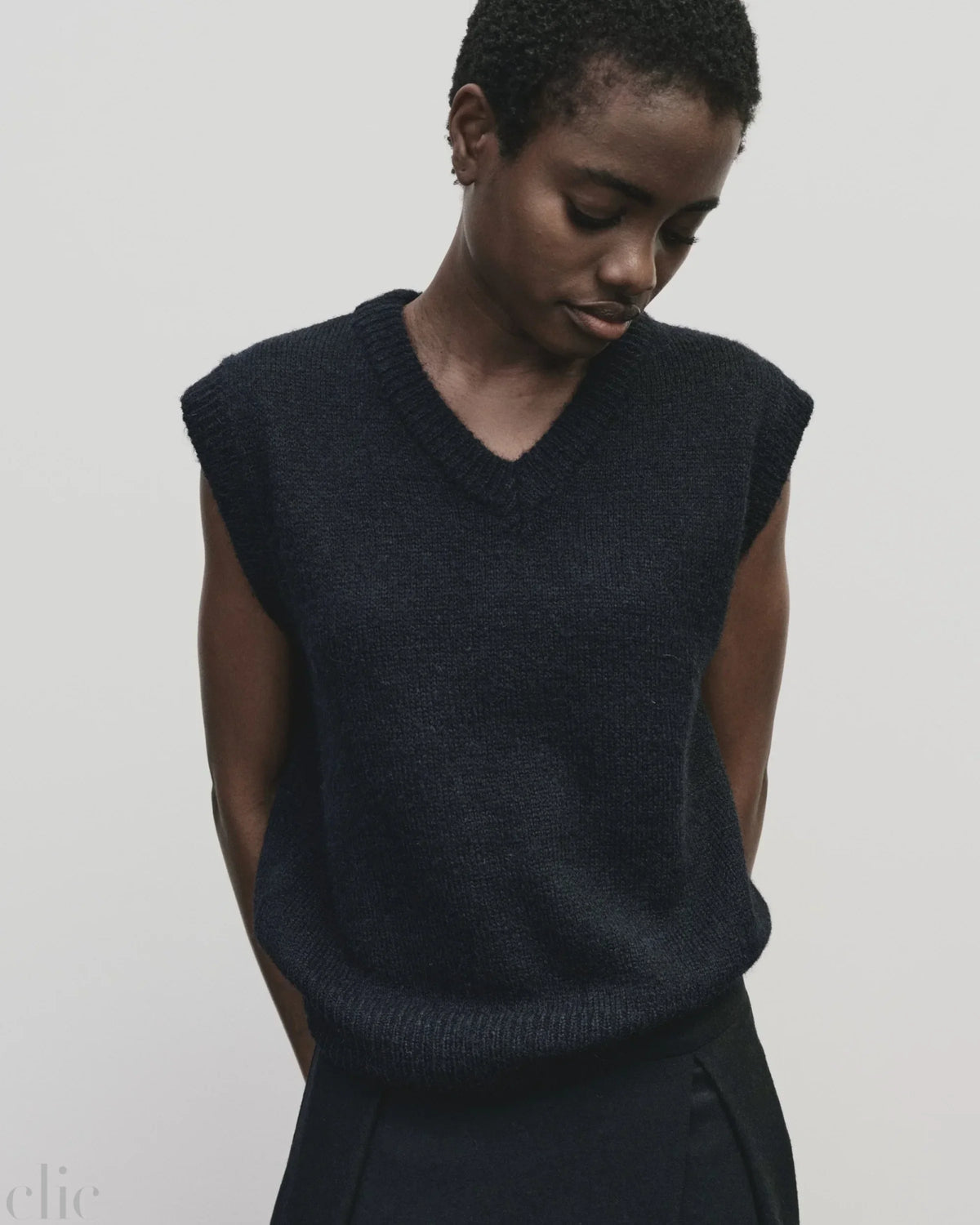 Wool Blend V Neck Vest in Navy, from Mijeong Park