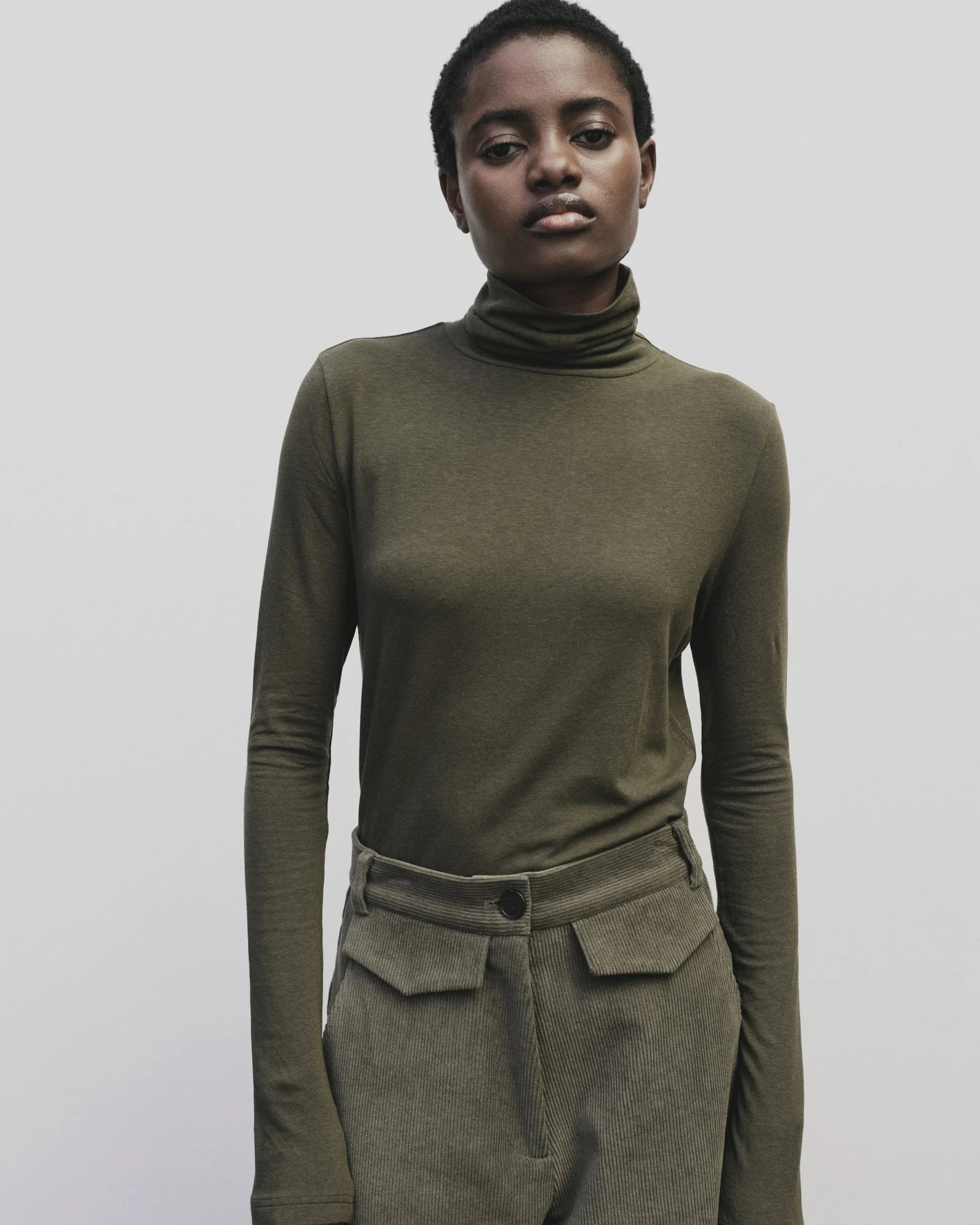 Roll Neck Jersey in Light Olvie, from Mijeong Park