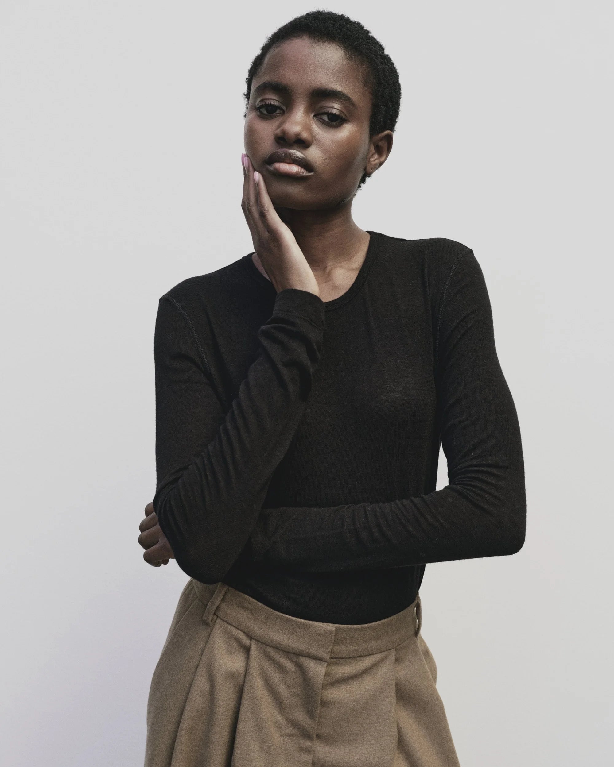 Wool Tencel Crew Neck Top in Black, from Mijeong Park