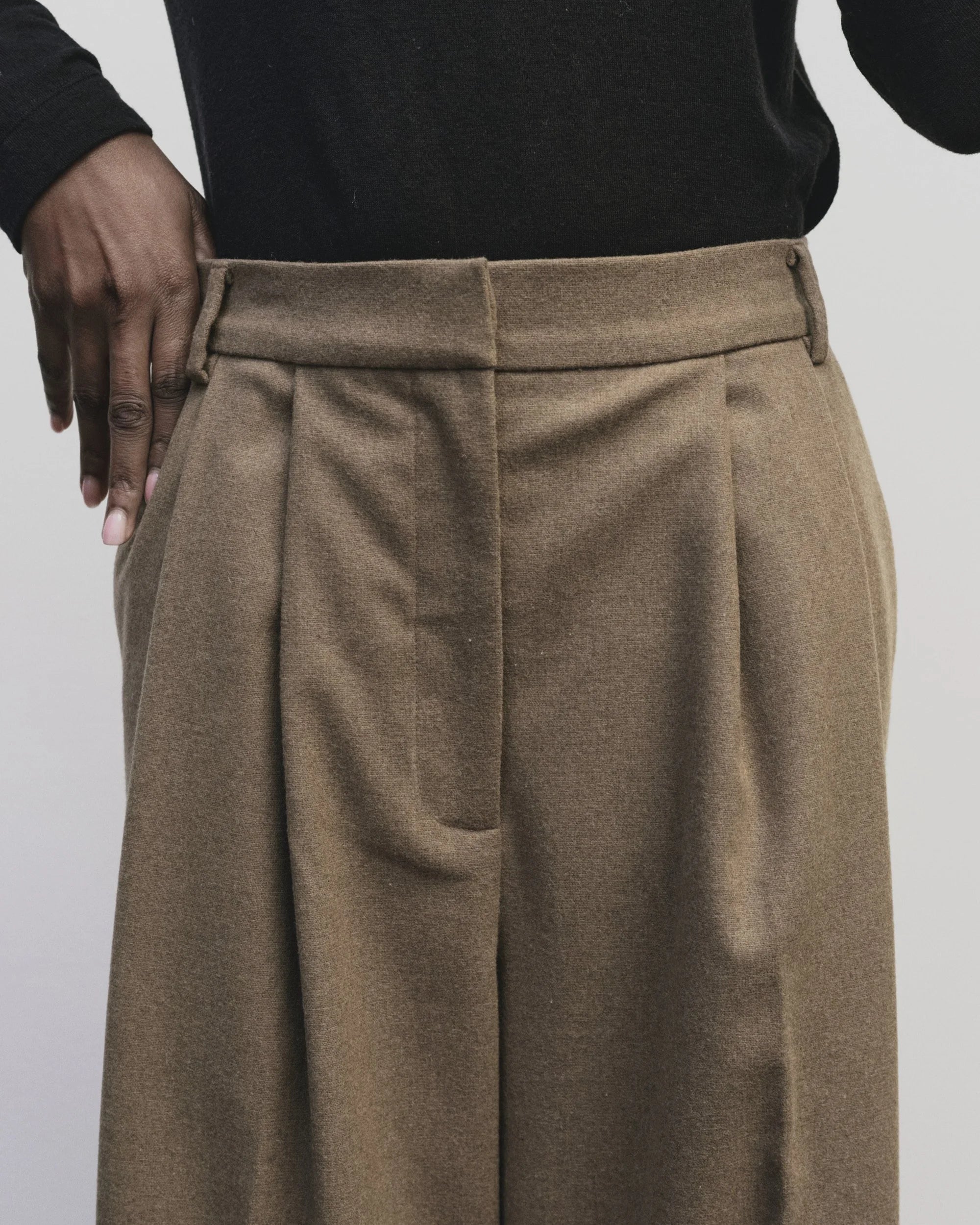 Wool Blend Wide Leg Pants in Camel, from Mijeong Park