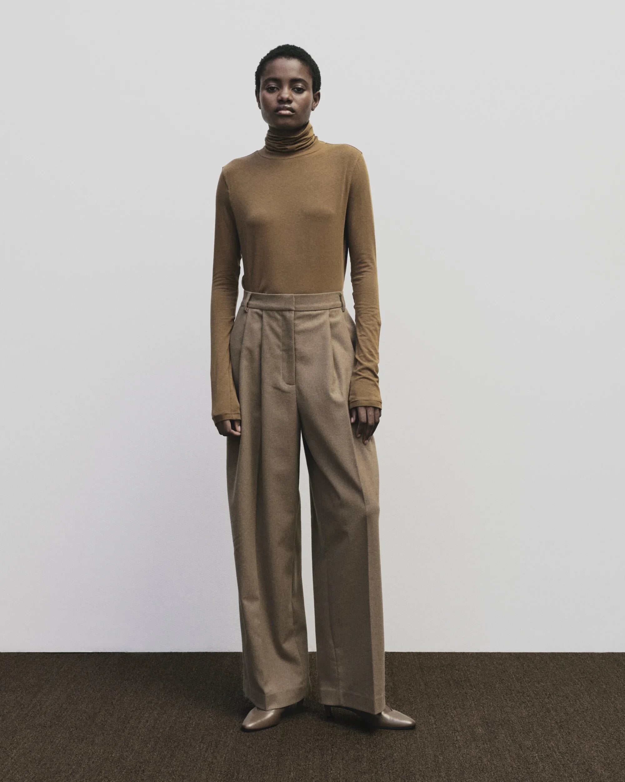 Wool Blend Wide Leg Pants in Camel, from Mijeong Park