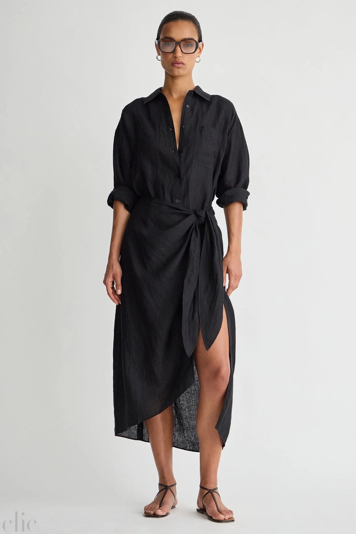 Alessandra Sarong Linen Shirt Dress in Black, from Apiece Apart