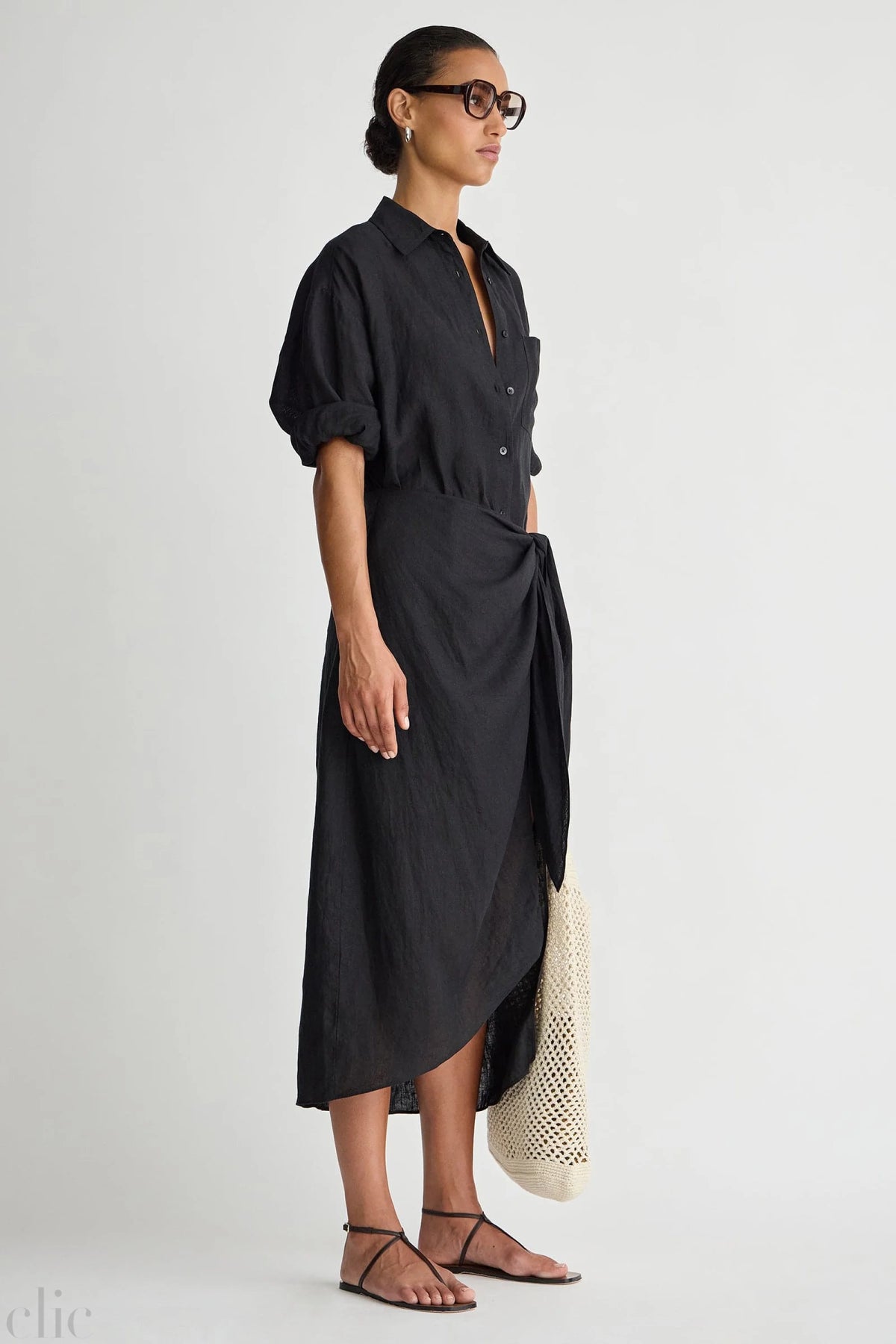 Alessandra Sarong Linen Shirt Dress in Black, from Apiece Apart