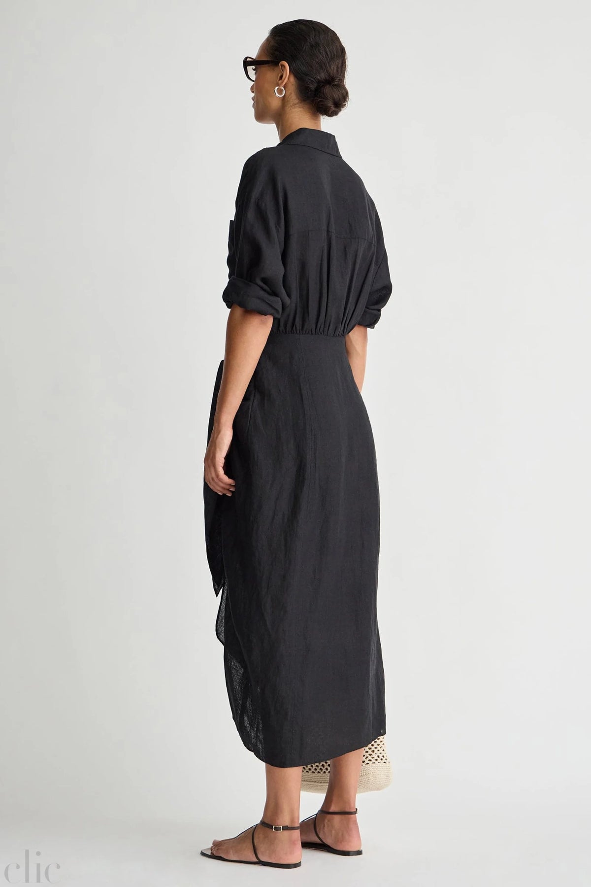Alessandra Sarong Linen Shirt Dress in Black, from Apiece Apart