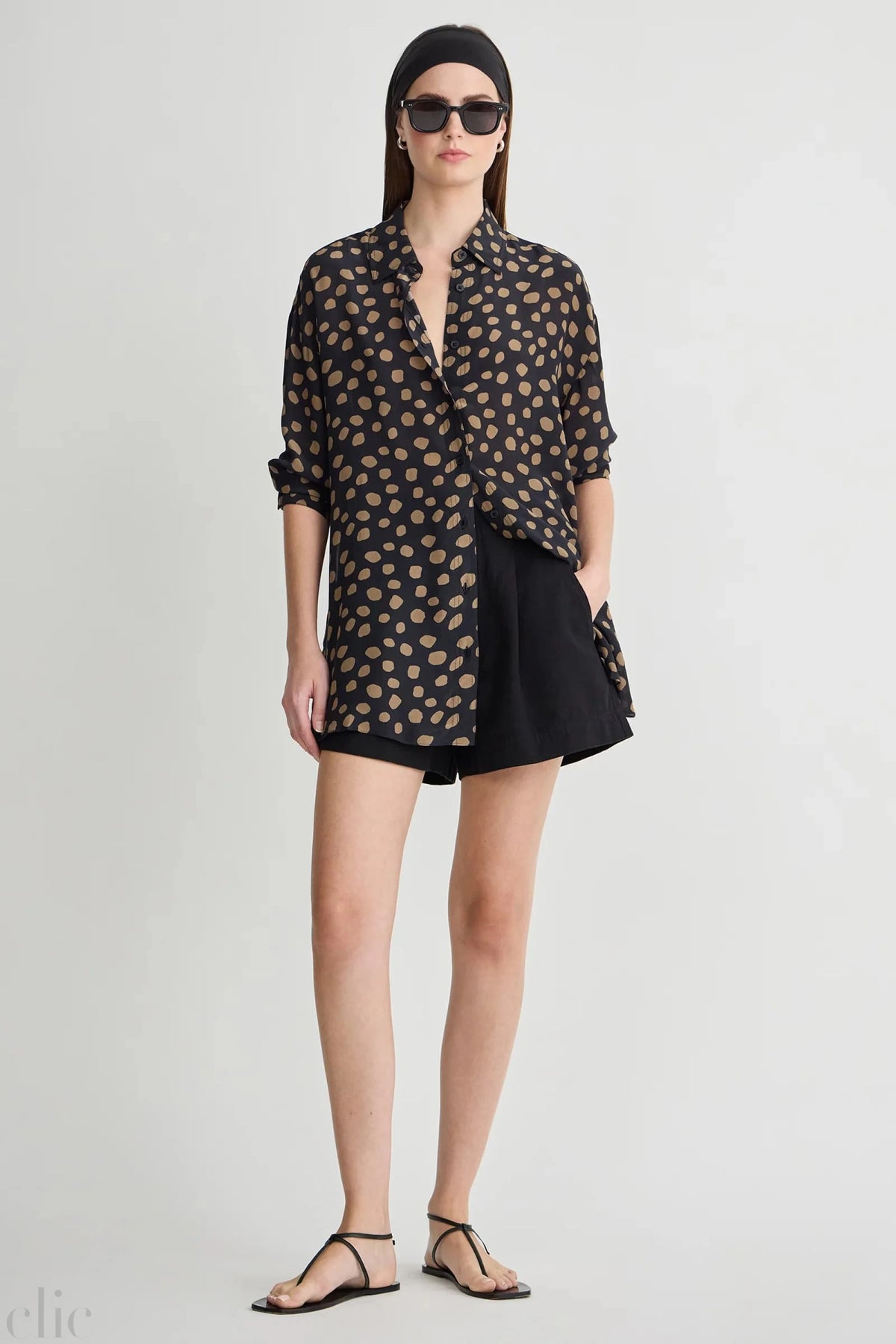 Isolde Button Down in Yayoi Black and Camel, from Apiece Apart
