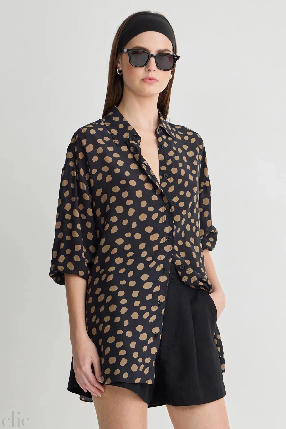 Isolde Button Down in Yayoi Black and Camel, from Apiece Apart