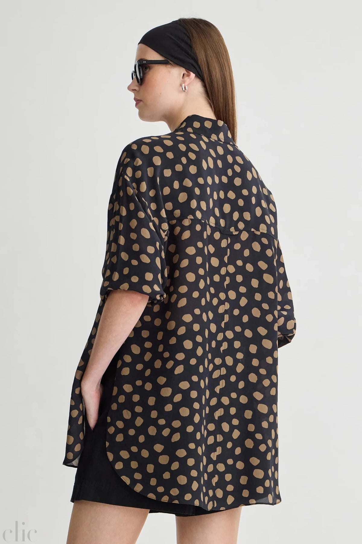 Isolde Button Down in Yayoi Black and Camel, from Apiece Apart
