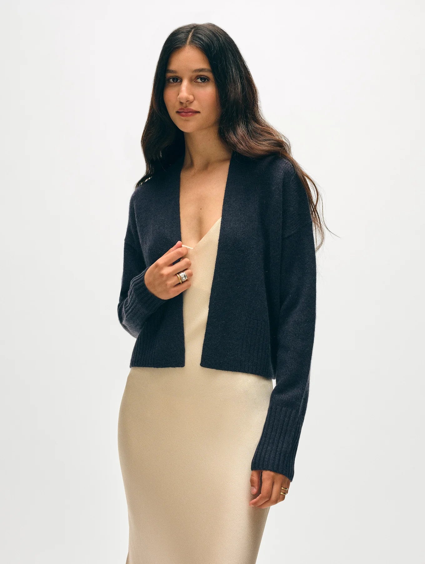 Cashmere Open-Front Cardigan in Deep Navy, from White and Warren