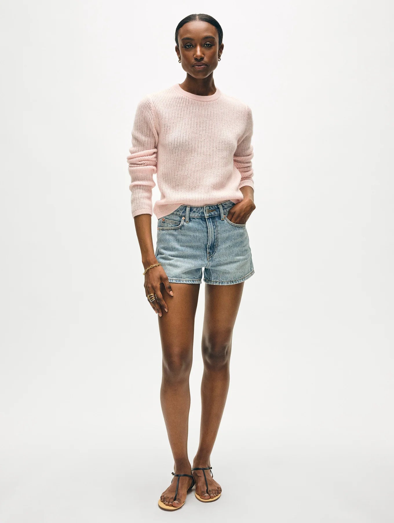 Cashmere Waffle Mesh Crewneck in Pink Sand, from White and Warren