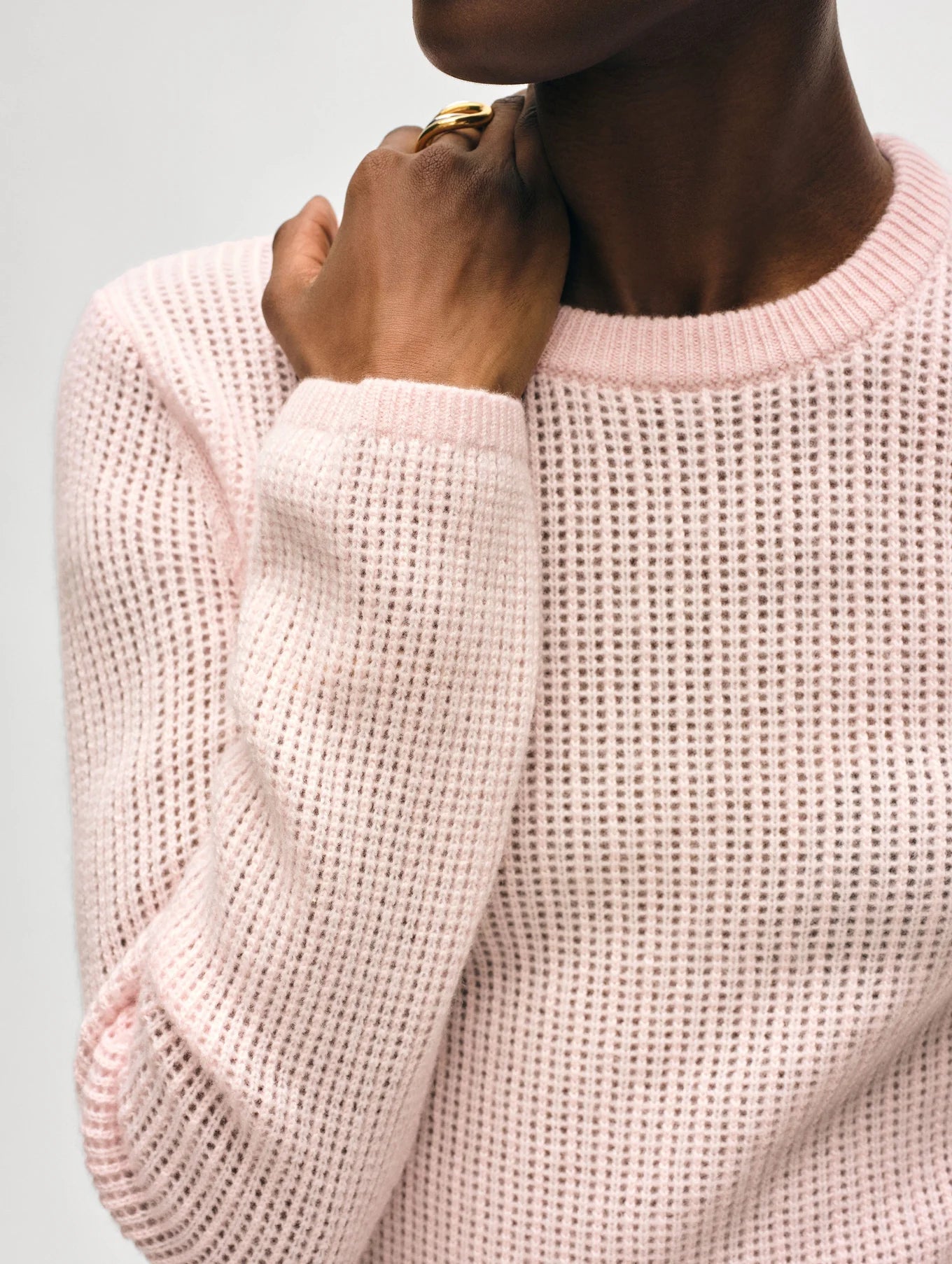 Cashmere Waffle Mesh Crewneck in Pink Sand, from White and Warren
