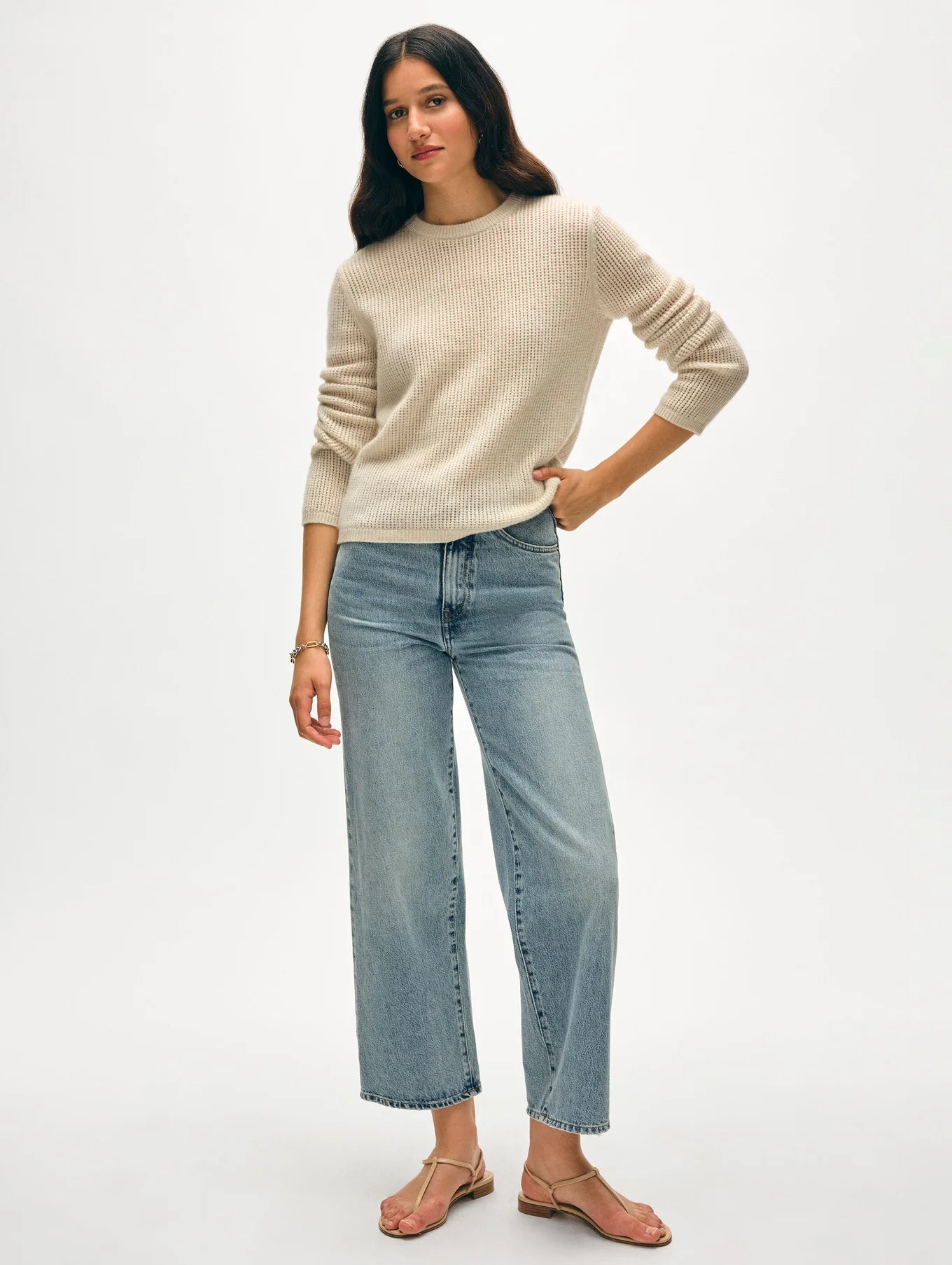 Cashmere Waffle Mesh Crewneck in Natural Heather, from White and Warren