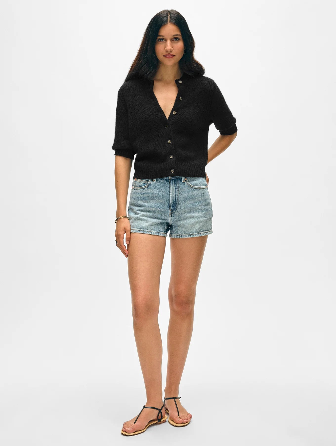 Cashmere Short Sleeve Cardigan in Black, from White and Warren