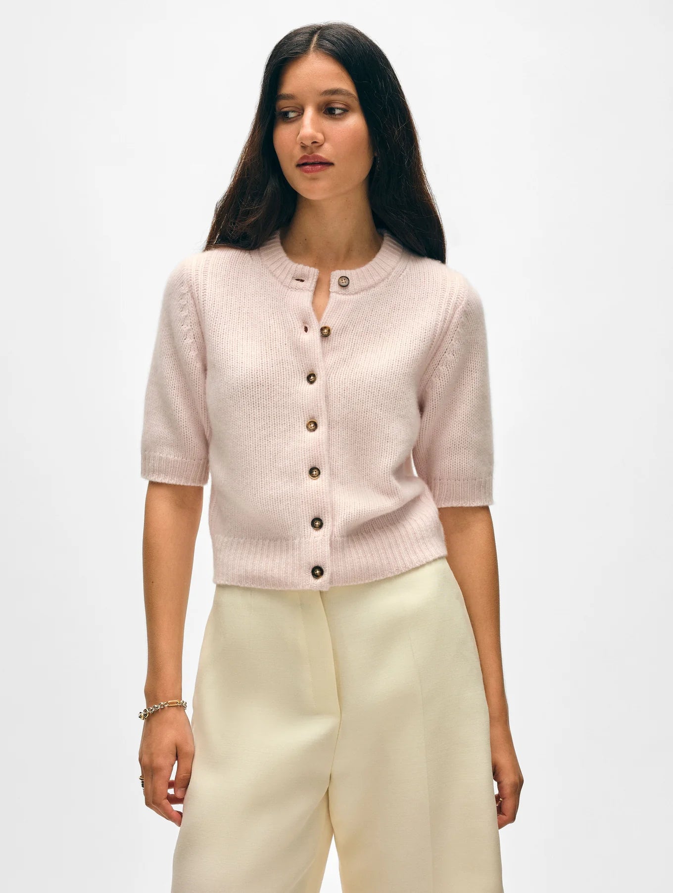 Cashmere Short Sleeve Cardigan in Pink Sand, from White and Warren