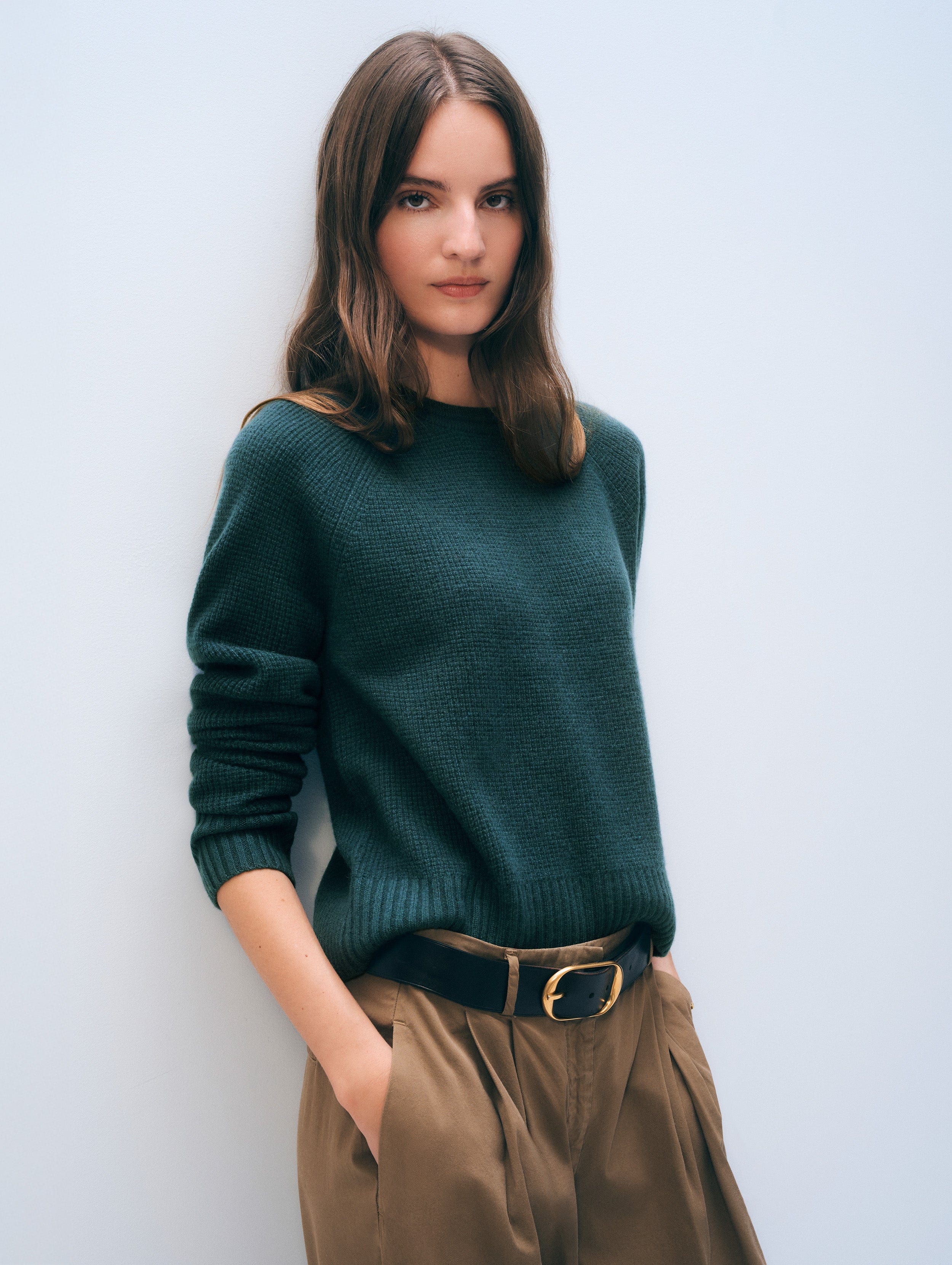 Cashmere Waffle Sweatshirt in Juniper Green, from White and Warren