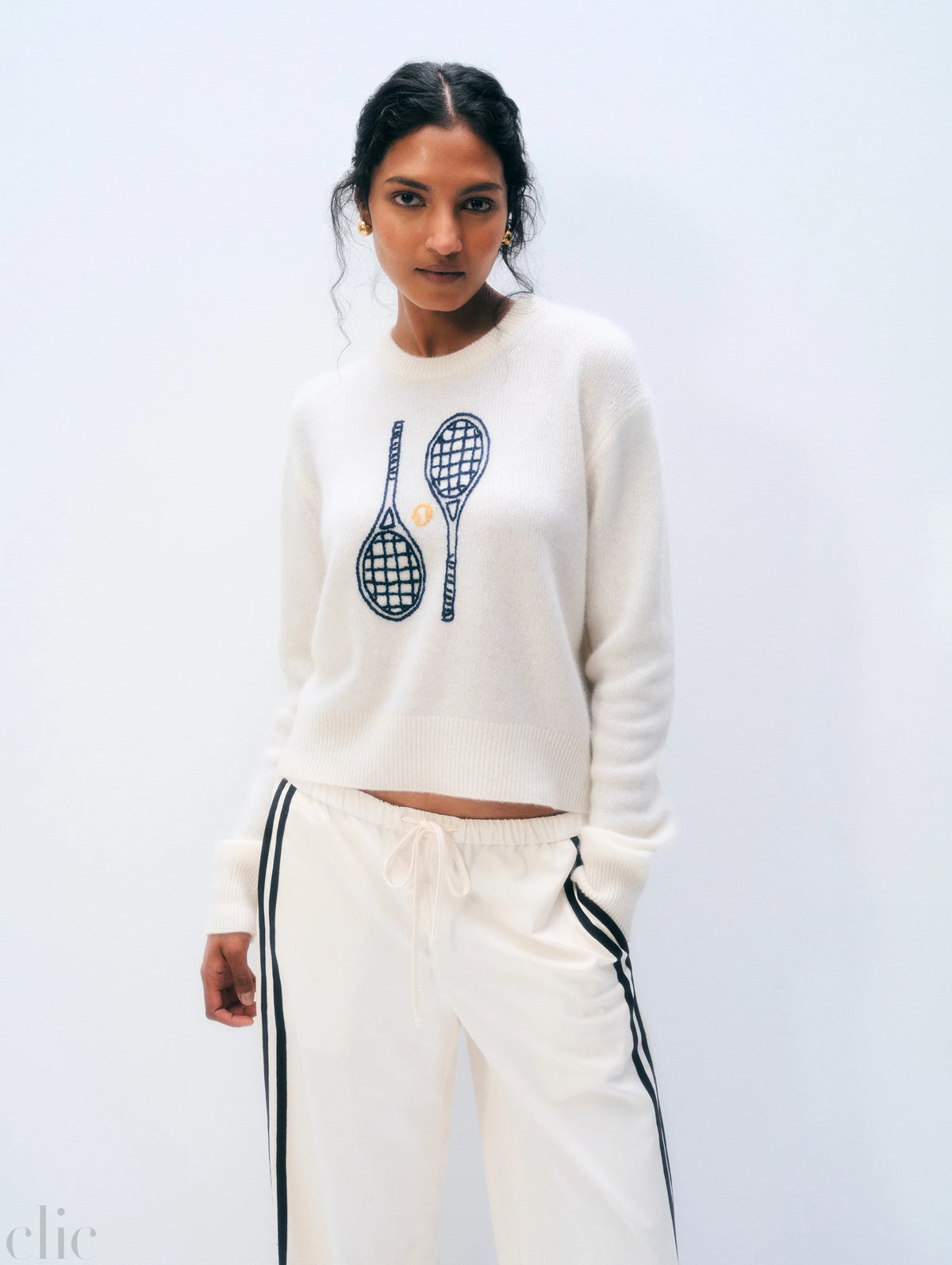 Cashmere Tennis Embroidered Sweatshirt in Soft White Combo, from White and Warren
