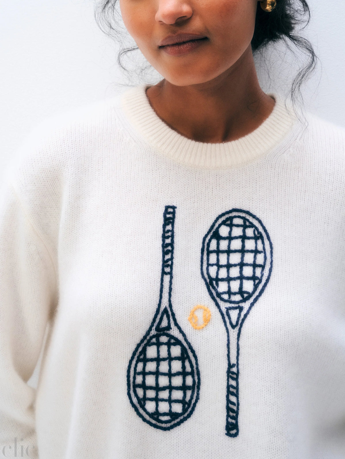 Cashmere Tennis Embroidered Sweatshirt in Soft White Combo, from White and Warren