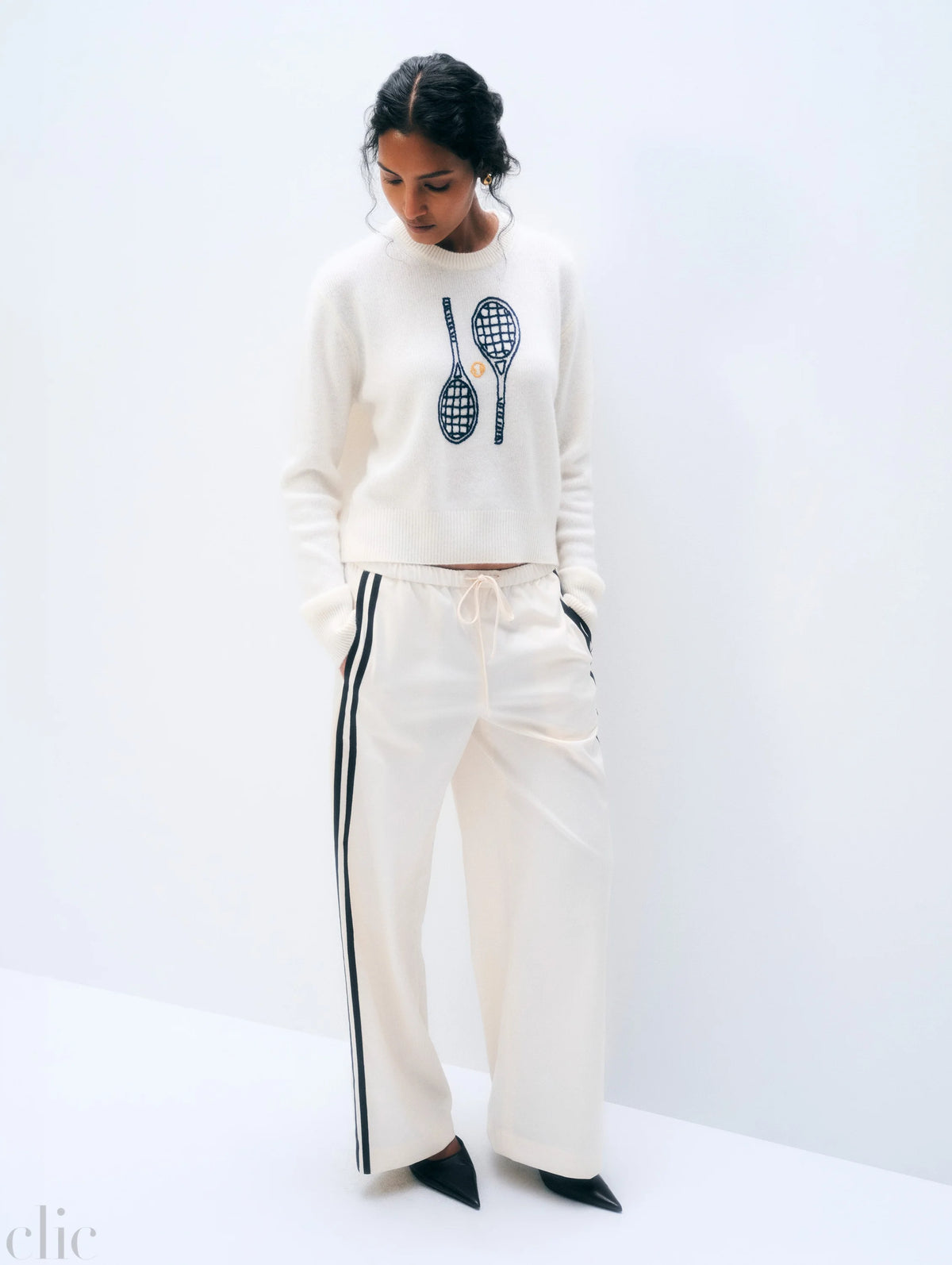 Cashmere Tennis Embroidered Sweatshirt in Soft White Combo, from White and Warren