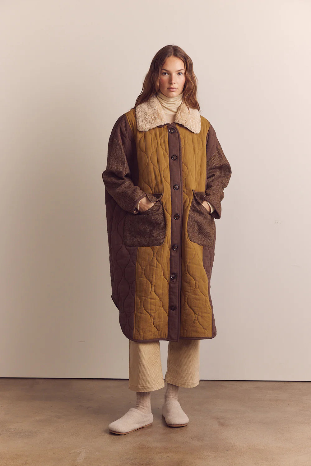 Patch quilted Wool Blend Detachable Fur Collar Coat