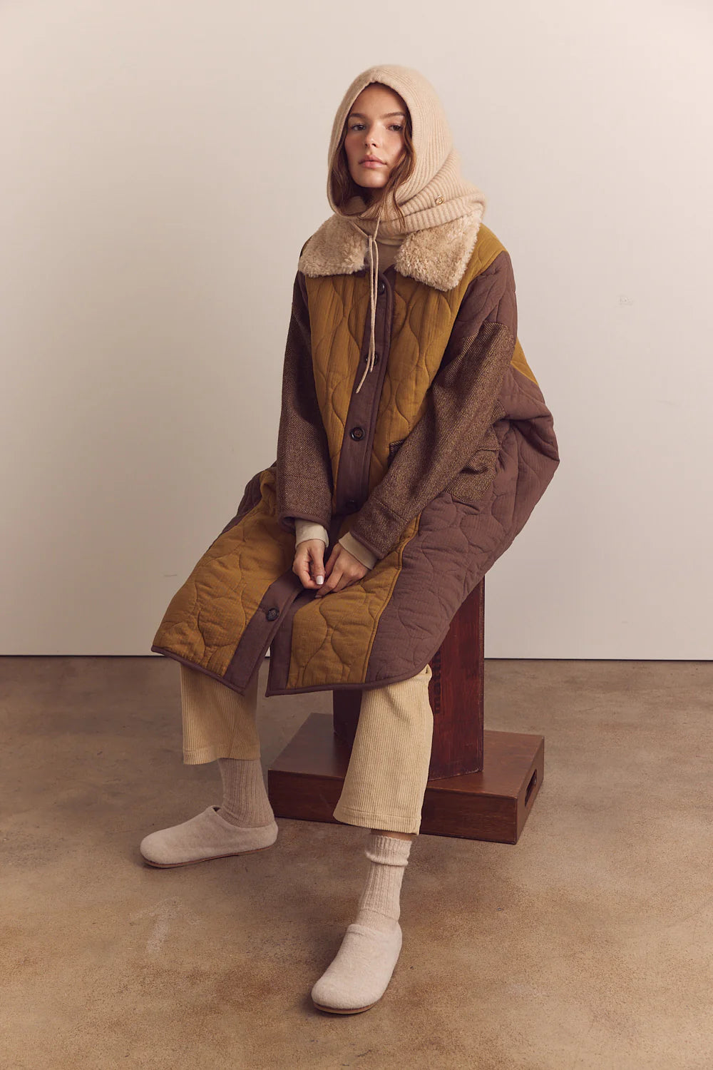 Patch quilted Wool Blend Detachable Fur Collar Coat