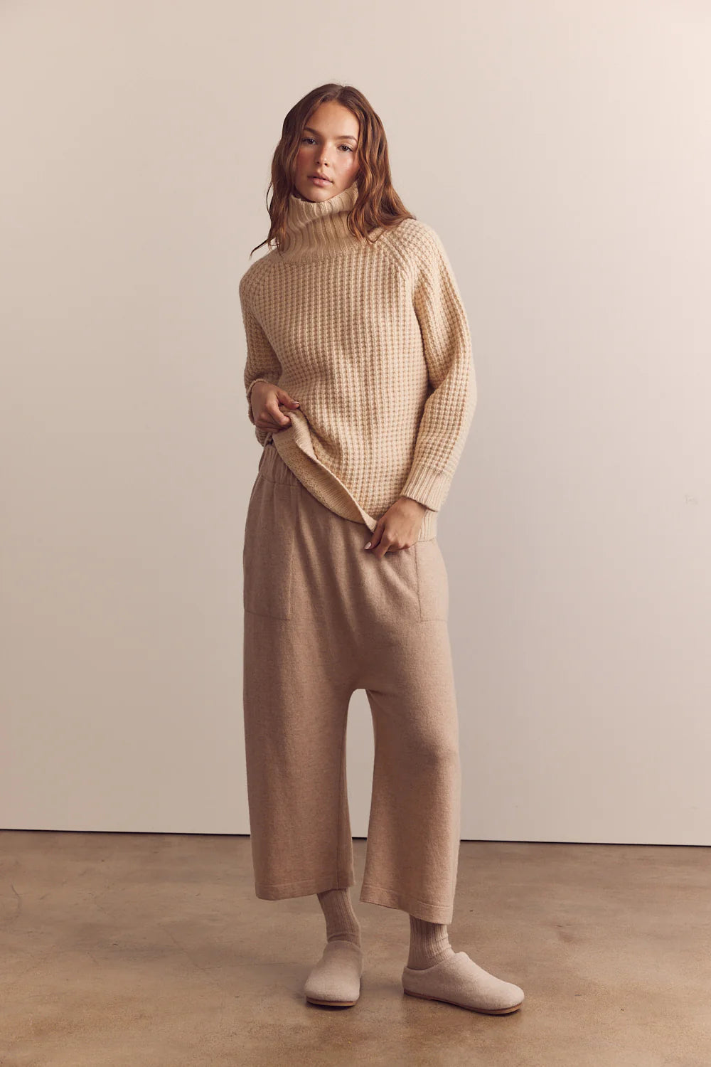 Wool Turtleneck Waffle Sweater in Cream, from Amente