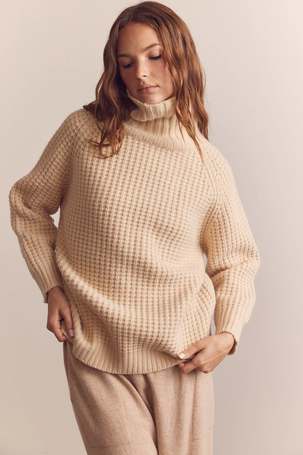 Wool Turtleneck Waffle Sweater in Cream, from Amente