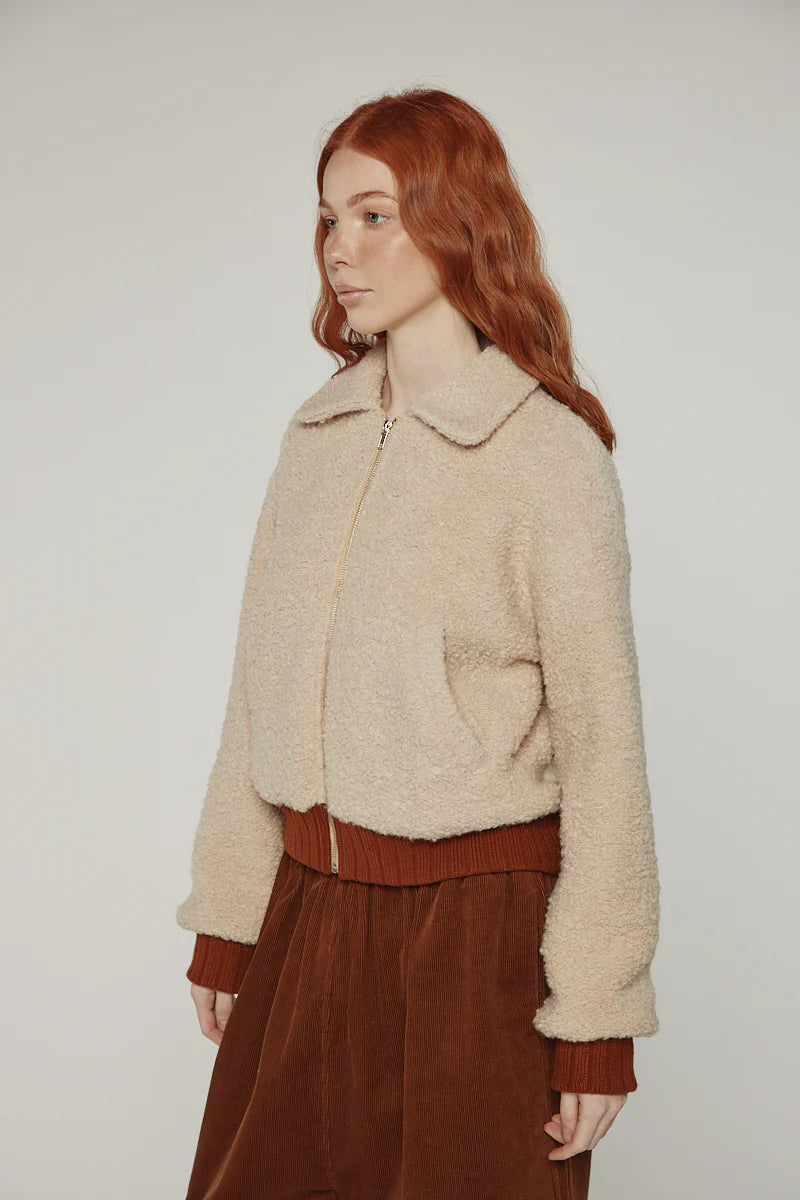Wool Blend Ribbed Short Bomber Jacket in Oatmeal, from Amente
