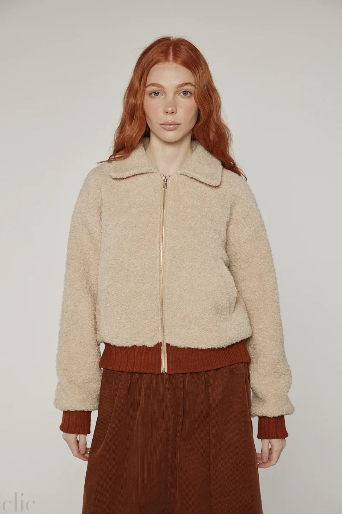 Wool Blend Robbed Short Bomber Jacket in Oatmeal, from Amente