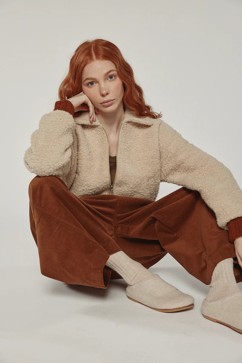 Wool Blend Ribbed Short Bomber Jacket in Oatmeal, from Amente