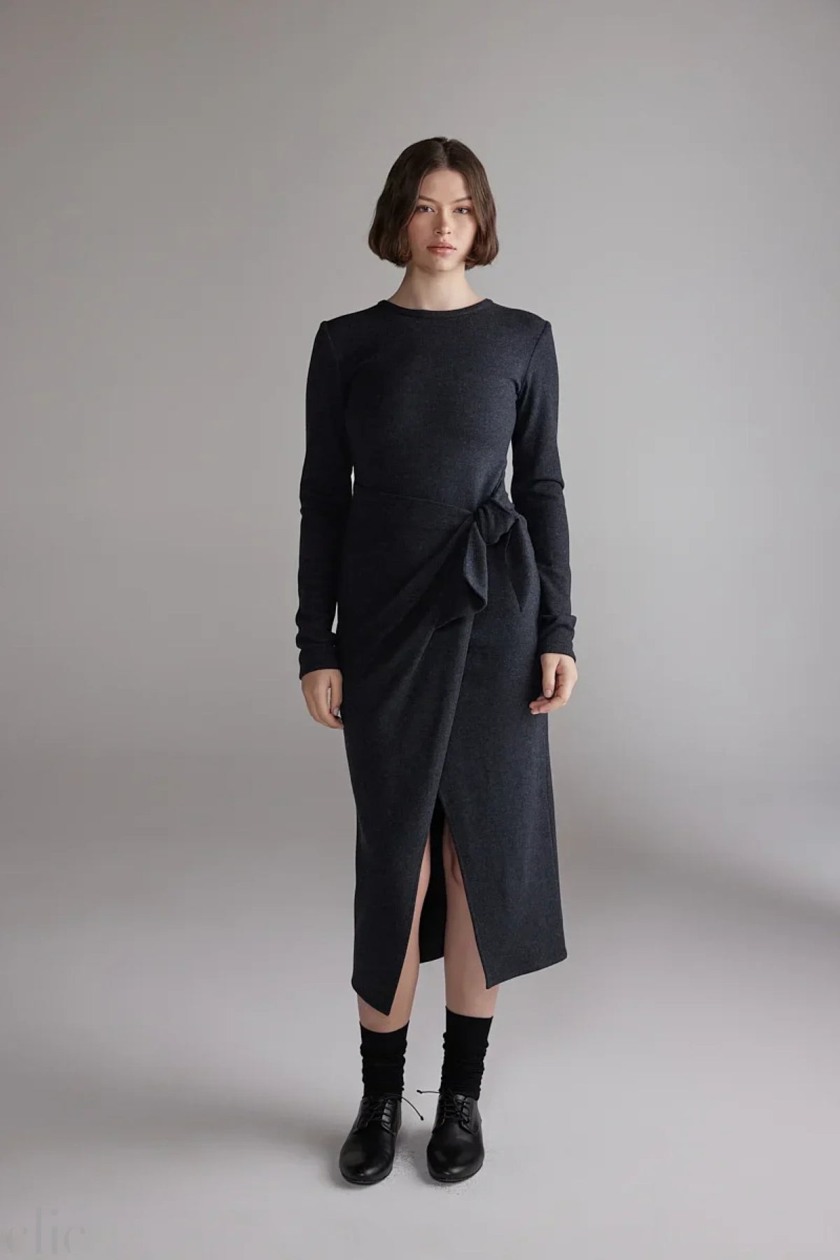 Wool Tie-Waist Dress in Charcoal, from Amente
