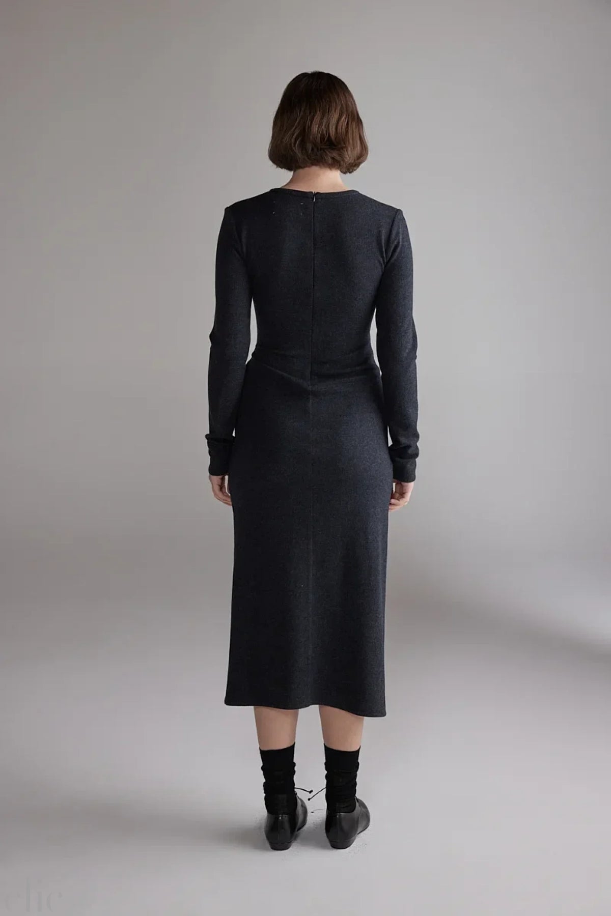 Wool Tie-Waist Dress in Charcoal, from Amente